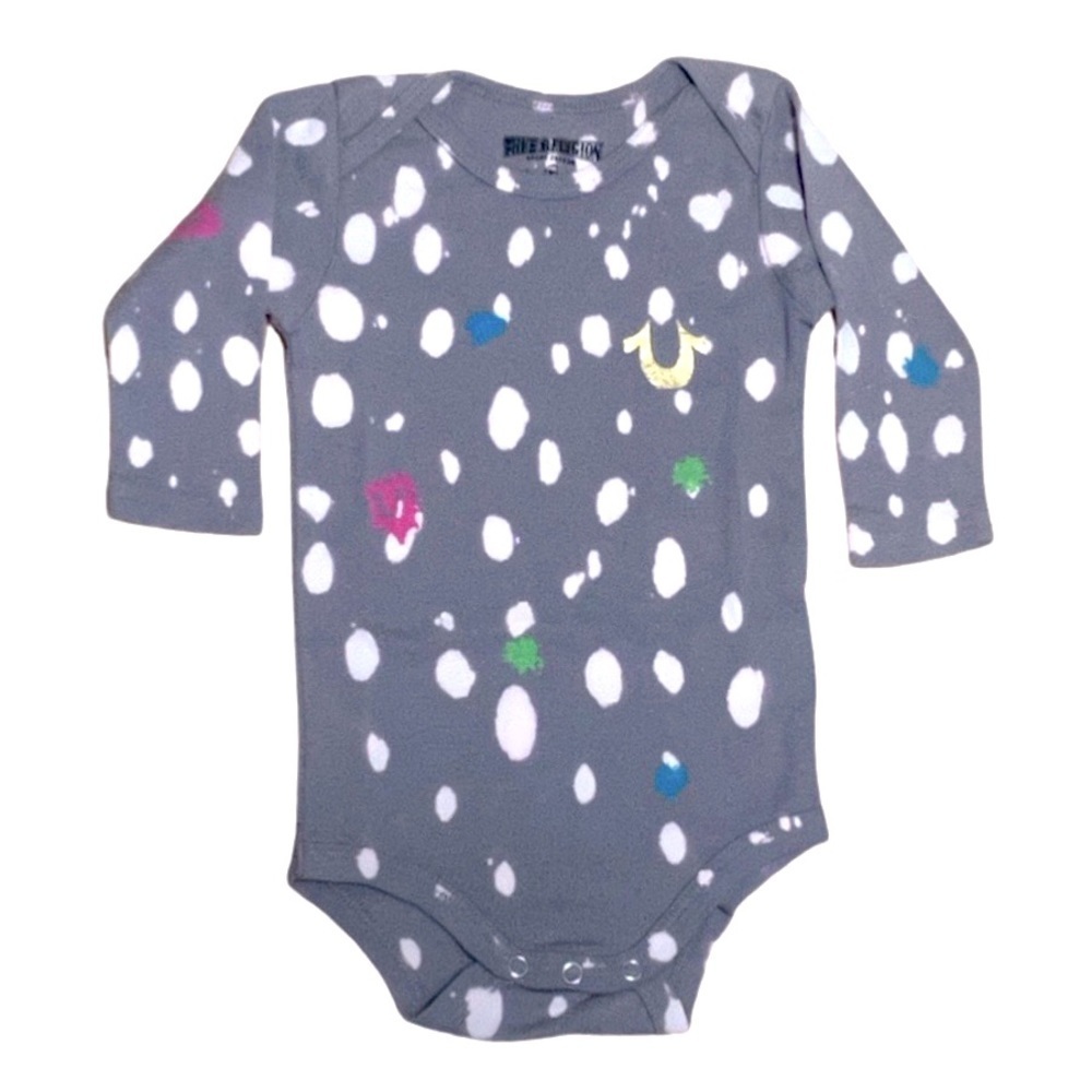 TRUE RELIGION baby onesie Splatter Paint logo NWOT